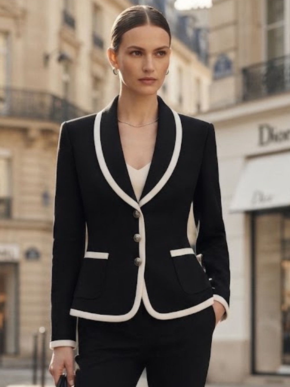 Tahari Black & White Contrast Trim Blazer with Shawl Collar